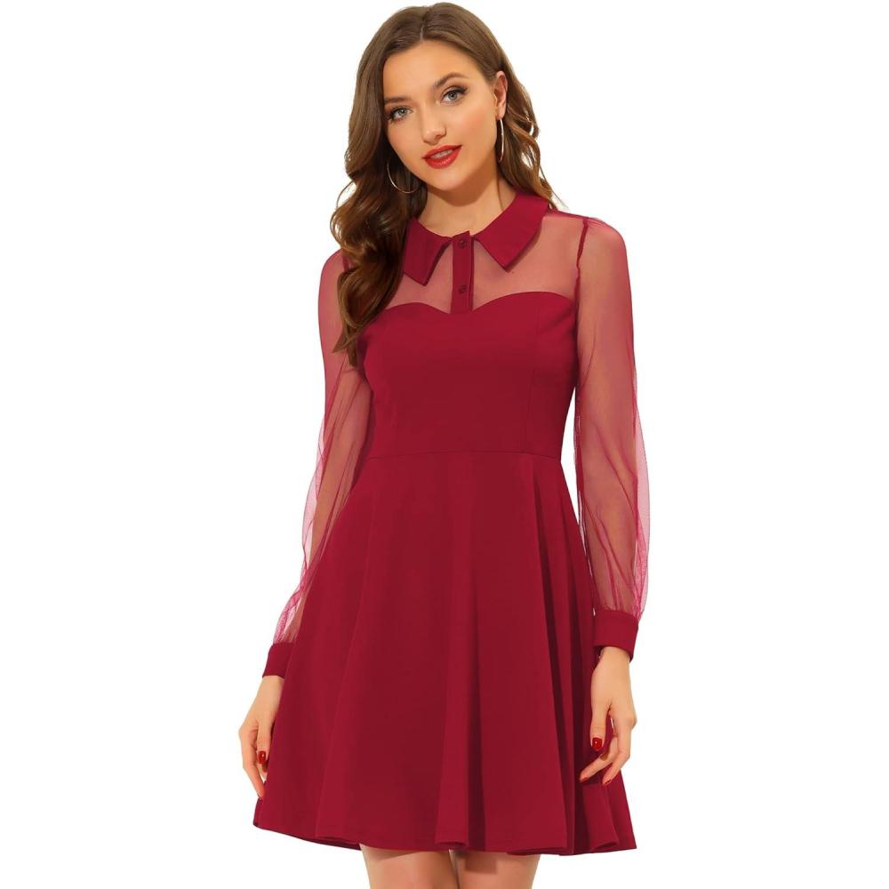 imageAllegra K Cocktail Party Dress for Womens Sheer Mesh Panel Long Sleeve Mini ALine DressesRed