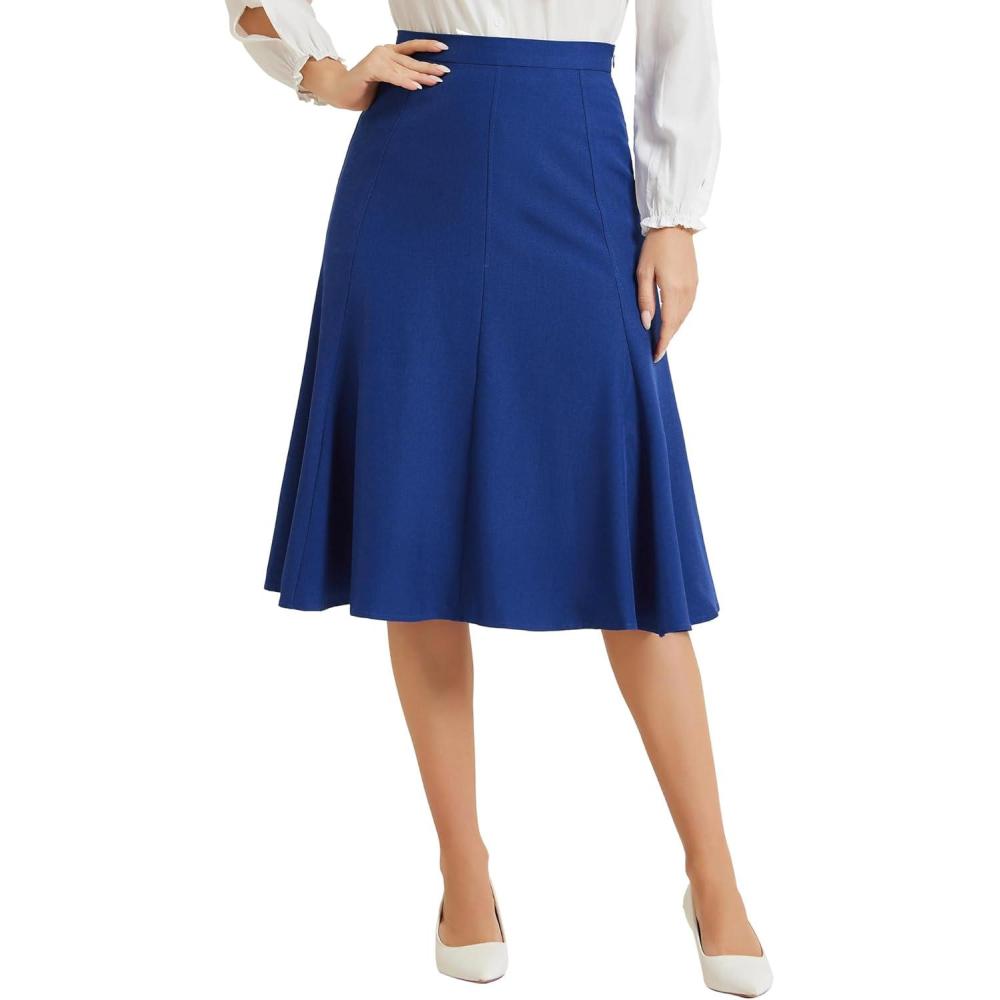 imageAllegra K Midi Skirt for Women Side Zipper High Waist Elegant Flared Flowy A Line Work SkirtsRoyal Blue