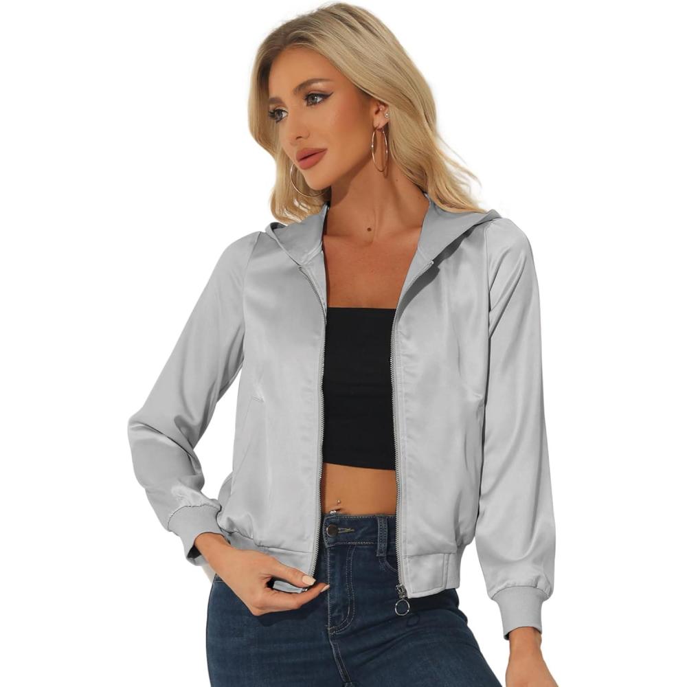 imageAllegra K Womens Casual Bomber Jacket Satin Zip Up Lightweight Hooded Windbreaker OuterwearGrey