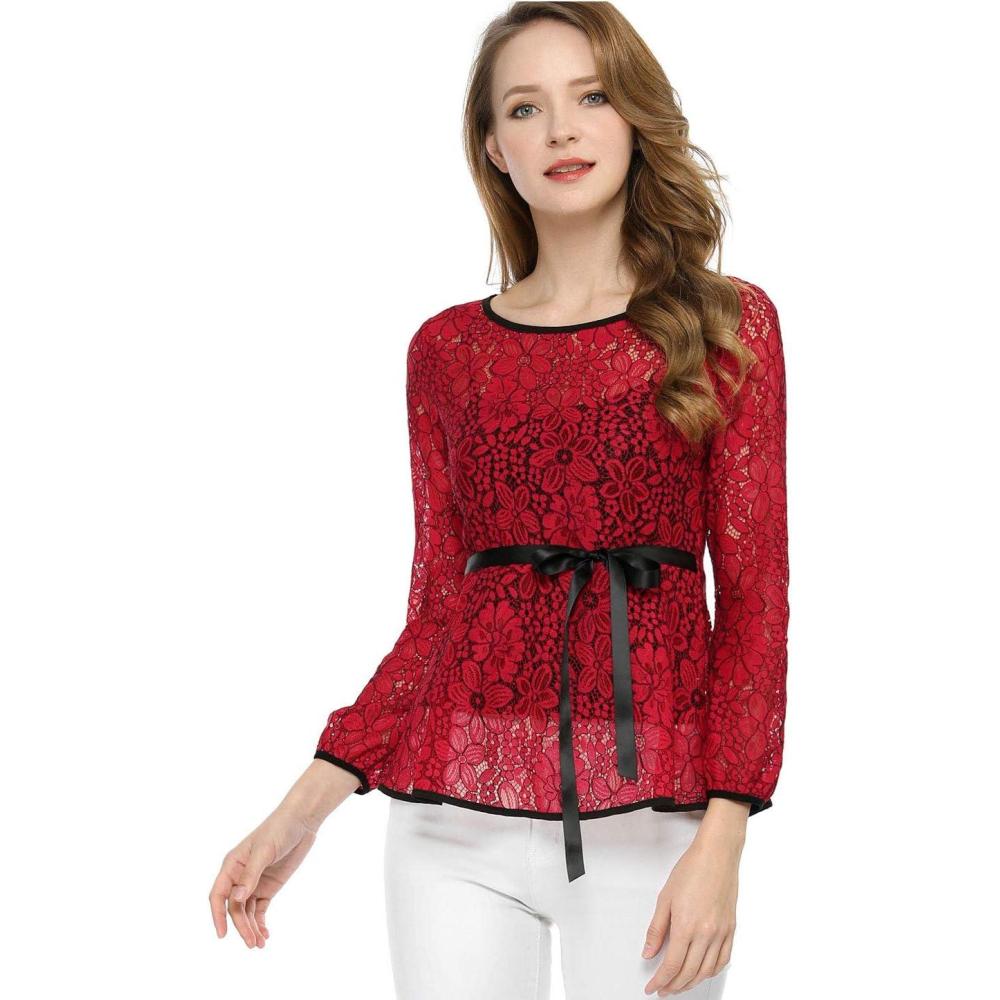 imageAllegra K Womens Elegant Tie Waist Long Sleeve Top Lace Peplum BlousesRed