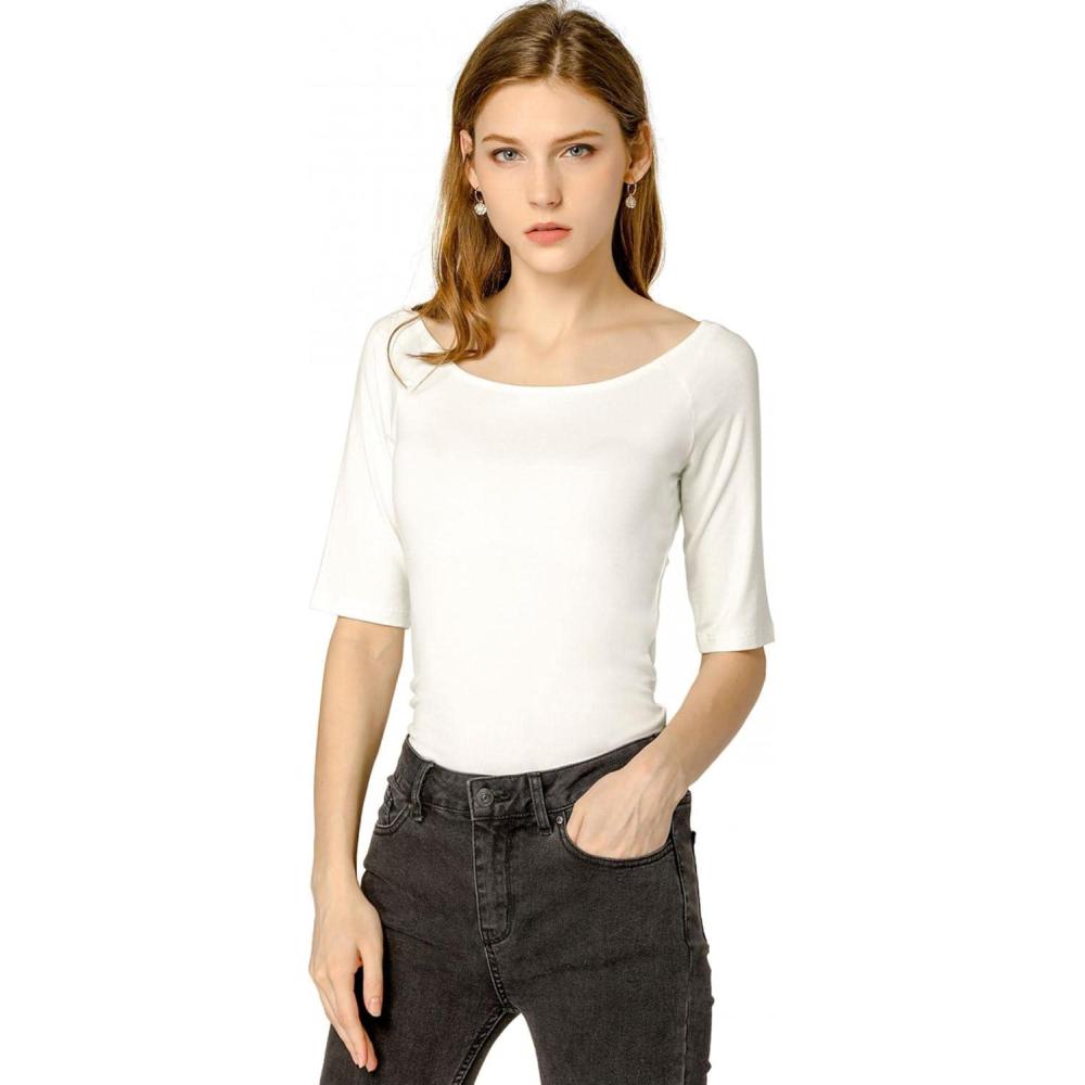 imageAllegra K Womens Half Sleeves Scoop Neck Fitted Layering Top Soft TShirtBeige