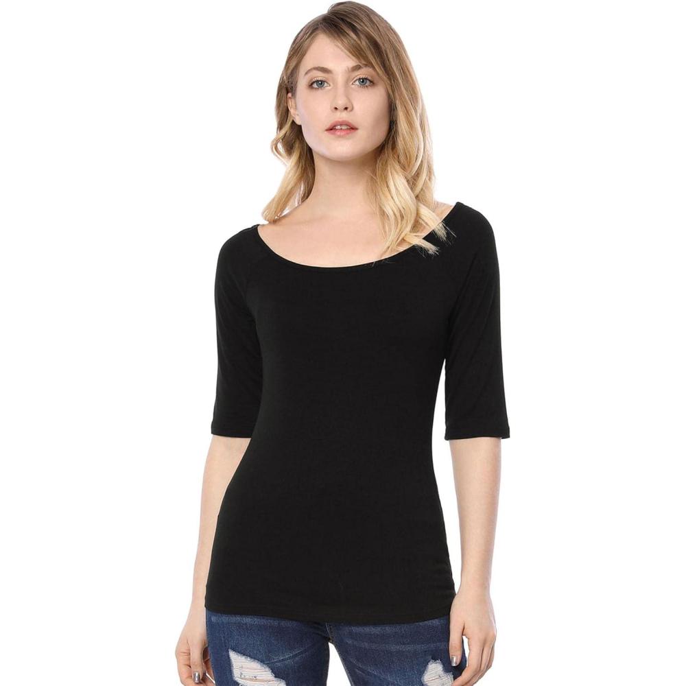 imageAllegra K Womens Half Sleeves Scoop Neck Fitted Layering Top Soft TShirtBlack