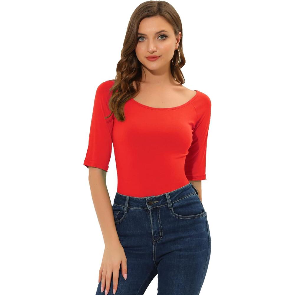 imageAllegra K Womens Half Sleeves Scoop Neck Fitted Layering Top Soft TShirtDeep Red