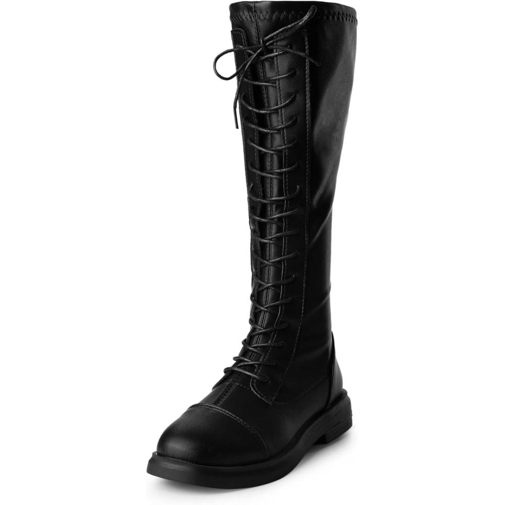 imageAllegra K Womens Lace Up Round Toe Lug Sole Boots Flat Low Heel Knee High BootsBlack