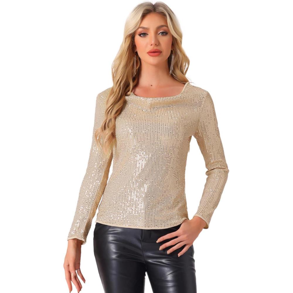 imageAllegra K Womens Sequin Glitter Tops Cowl Neck Long Sleeve Sparkle Clubwear BlousesChampagne Gold