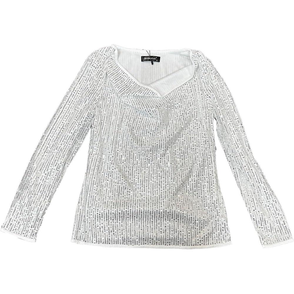 imageAllegra K Womens Sequin Glitter Tops Cowl Neck Long Sleeve Sparkle Clubwear BlousesSilver