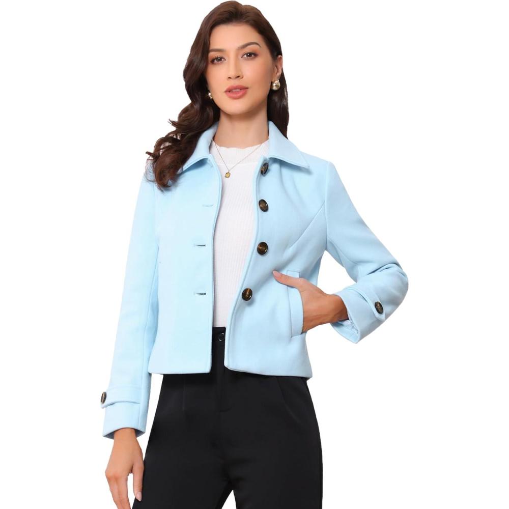 imageAllegra K Womens Turn Down Collar Long Sleeve Single Breasted Outwear Winter Pea CoatLight Blue