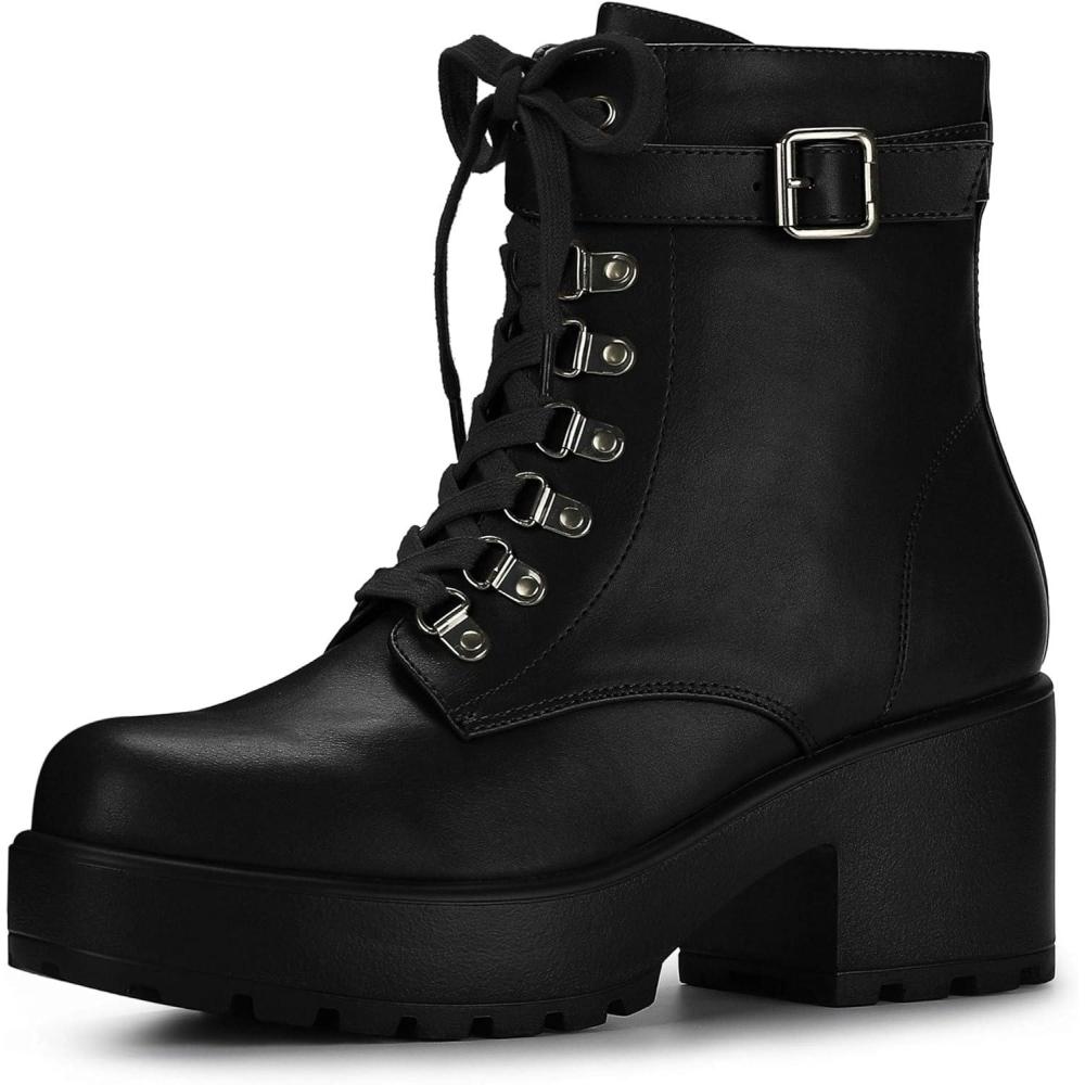 imageAllegra K Womens Zip Chunky Heel Platform Ankle Combat BootsBlack