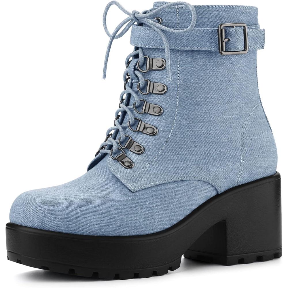 imageAllegra K Womens Zip Chunky Heel Platform Ankle Combat BootsDenim Blue