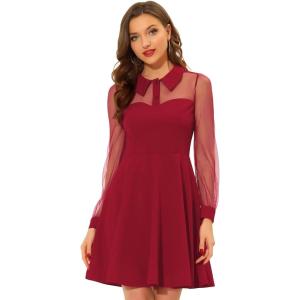 imageAllegra K Cocktail Party Dress for Womens Sheer Mesh Panel Long Sleeve Mini ALine DressesRed