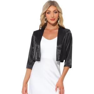 imageAllegra K Satin Cardigan for Womens Open Front Elegant Formal 34 Sleeve Bolero Shrug JacketBlack