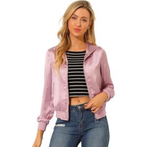 imageAllegra K Womens Casual Bomber Jacket Satin Zip Up Lightweight Hooded Windbreaker OuterwearDirty Pink