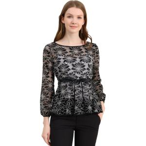 imageAllegra K Womens Elegant Tie Waist Long Sleeve Top Lace Peplum BlousesBlack