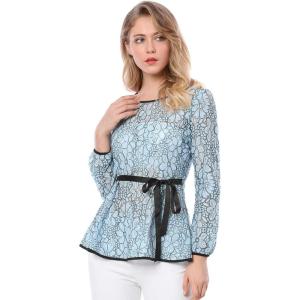 imageAllegra K Womens Elegant Tie Waist Long Sleeve Top Lace Peplum BlousesBlue