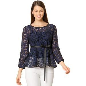 imageAllegra K Womens Elegant Tie Waist Long Sleeve Top Lace Peplum BlousesDark Blue