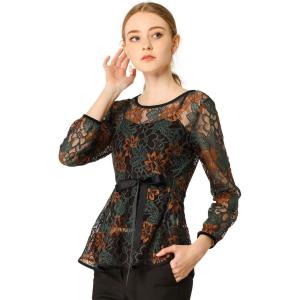 imageAllegra K Womens Elegant Tie Waist Long Sleeve Top Lace Peplum BlousesGreen