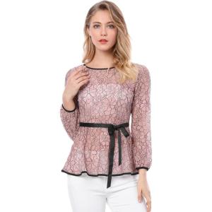 imageAllegra K Womens Elegant Tie Waist Long Sleeve Top Lace Peplum BlousesPink