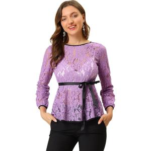 imageAllegra K Womens Elegant Tie Waist Long Sleeve Top Lace Peplum BlousesPurple1
