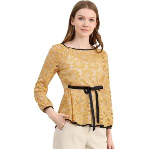 imageAllegra K Womens Elegant Tie Waist Long Sleeve Top Lace Peplum BlousesYellow