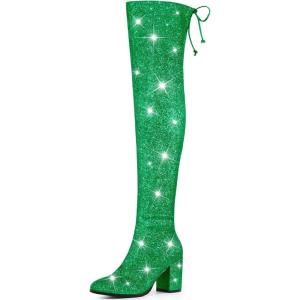 imageAllegra K Womens Glitter Boots Round Toe Chunky Heel Over the Knee High BootsGreen