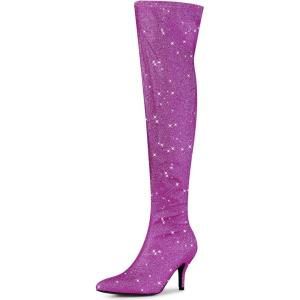 imageAllegra K Womens Glitter Pointed Toe Stiletto Heel Over the Knee Thigh High BootPurple