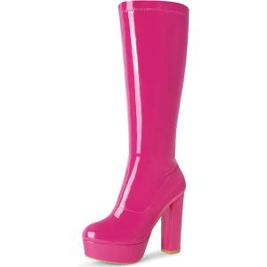 imageAllegra K Womens Patent Leather Platform Gogo Boots Chunky Heel Knee High BootsHot Pink