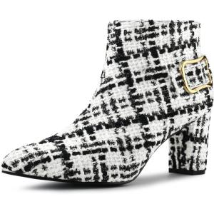 imageAllegra K Womens Plaid Pointed Toe Chunky Heels Ankle BootsWhite Black