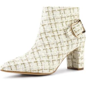 imageAllegra K Womens Plaid Pointed Toe Chunky Heels Ankle BootsWhite Gold