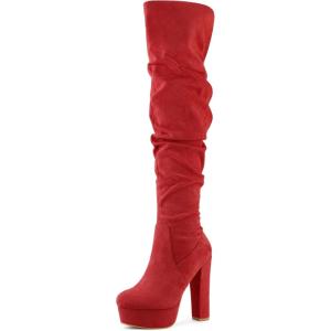 imageAllegra K Womens Platform Round Toe Zipper Slouch Heel Over the Knee Thigh High BootsRed