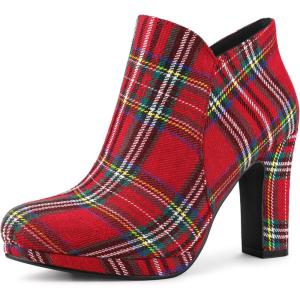 imageAllegra K Womens Round Toe Chunky Heeled Ankle Heel BootsRed Plaid