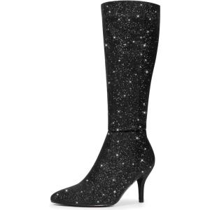 imageAllegra K Womens Sparkle Glitter Pointy Toe Stiletto Heel Knee High BootsBlack