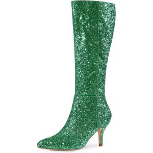 imageAllegra K Womens Sparkle Glitter Pointy Toe Stiletto Heel Knee High BootsGreen