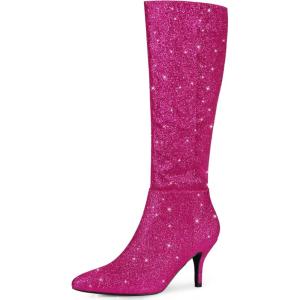 imageAllegra K Womens Sparkle Glitter Pointy Toe Stiletto Heel Knee High BootsHot Pink