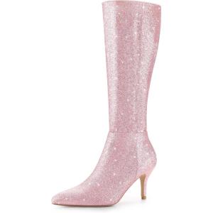 imageAllegra K Womens Sparkle Glitter Pointy Toe Stiletto Heel Knee High BootsPink