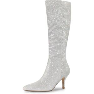 imageAllegra K Womens Sparkle Glitter Pointy Toe Stiletto Heel Knee High BootsSilver