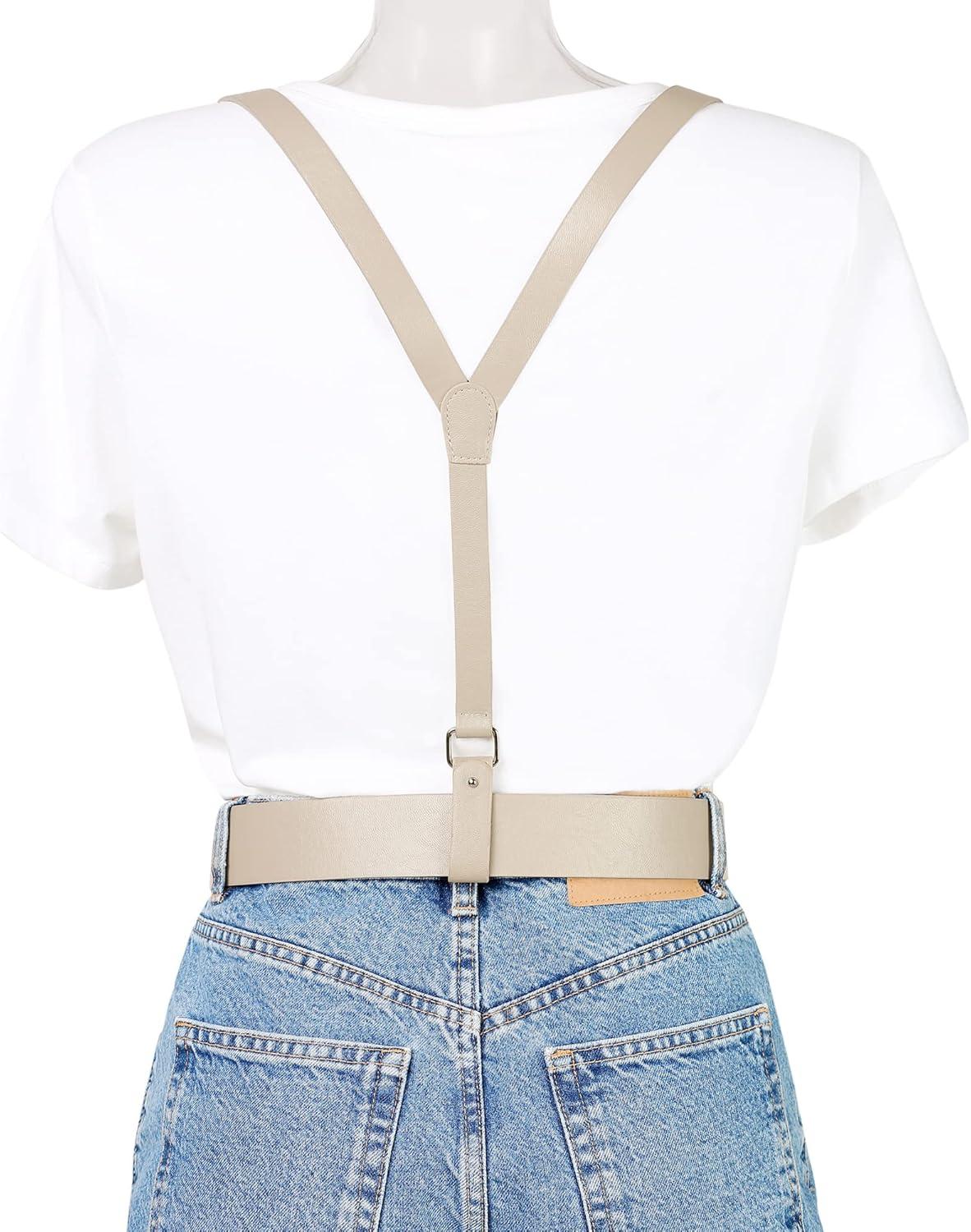 imageAllegra K Unisex Plus Size Vintage PU Leather Y Back Suspenders Adjustable Holes Belts for Women MenBeige