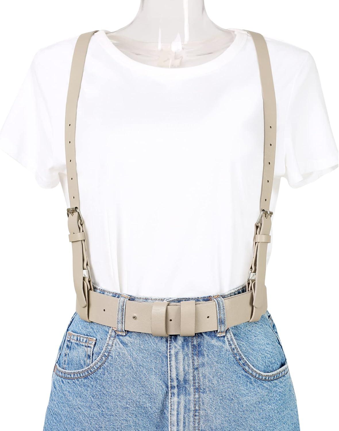 imageAllegra K Unisex Plus Size Vintage PU Leather Y Back Suspenders Adjustable Holes Belts for Women MenBeige