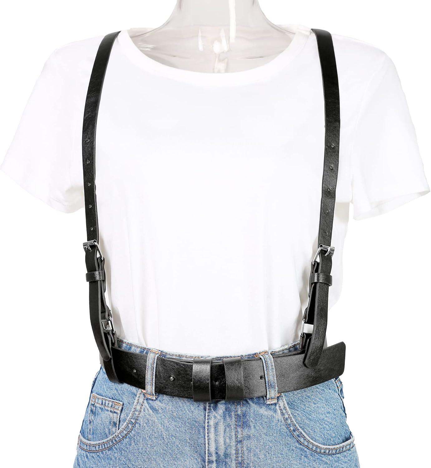 imageAllegra K Unisex Plus Size Vintage PU Leather Y Back Suspenders Adjustable Holes Belts for Women MenBlack