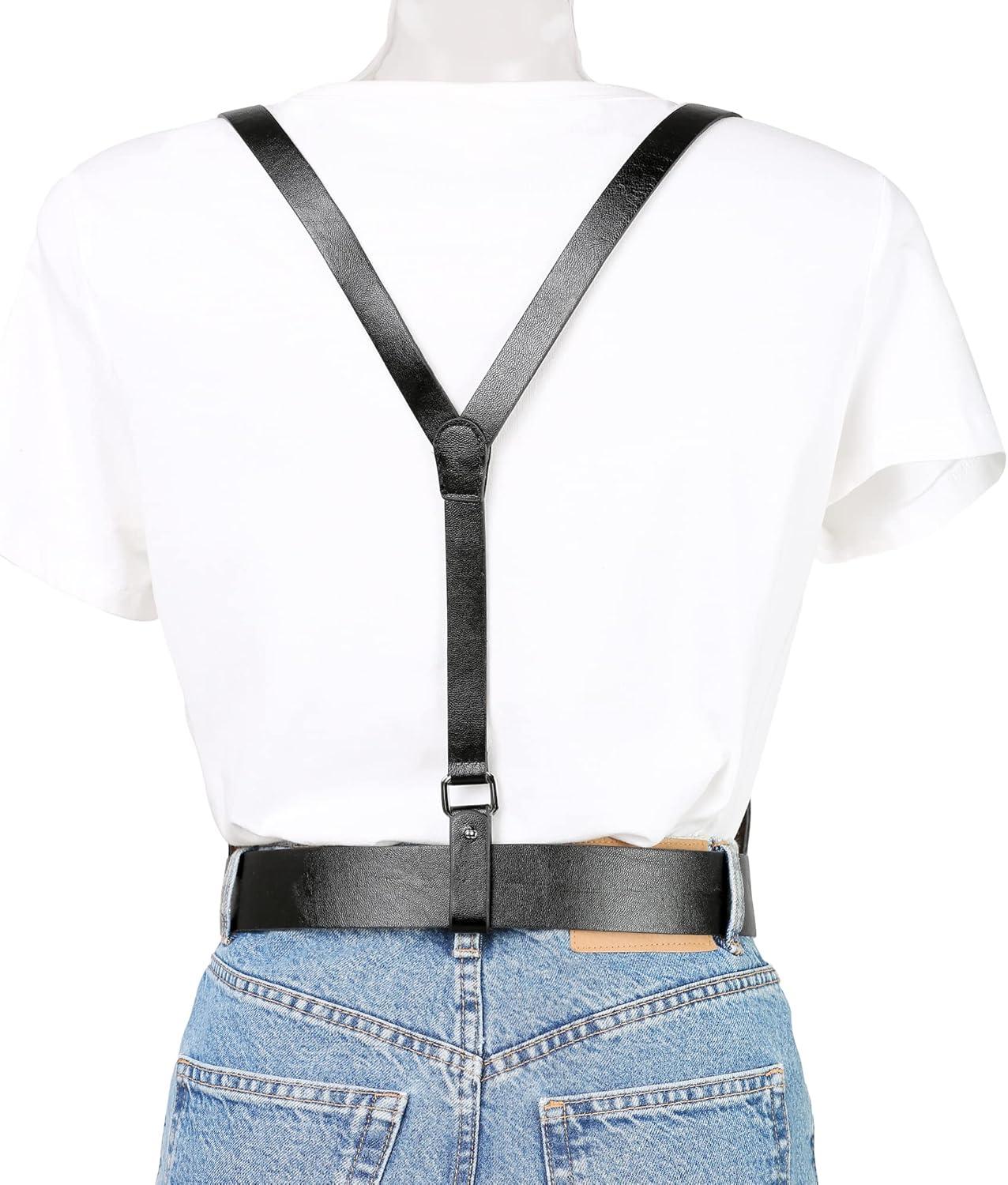 imageAllegra K Unisex Plus Size Vintage PU Leather Y Back Suspenders Adjustable Holes Belts for Women MenBlack