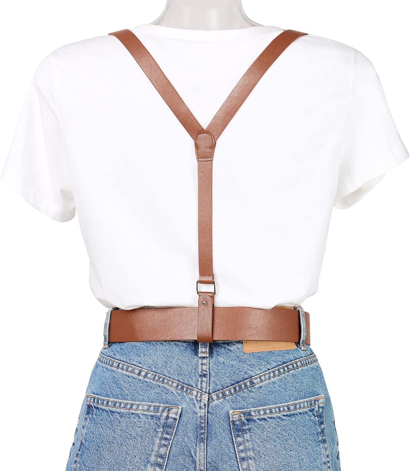 imageAllegra K Unisex Plus Size Vintage PU Leather Y Back Suspenders Adjustable Holes Belts for Women MenBrown