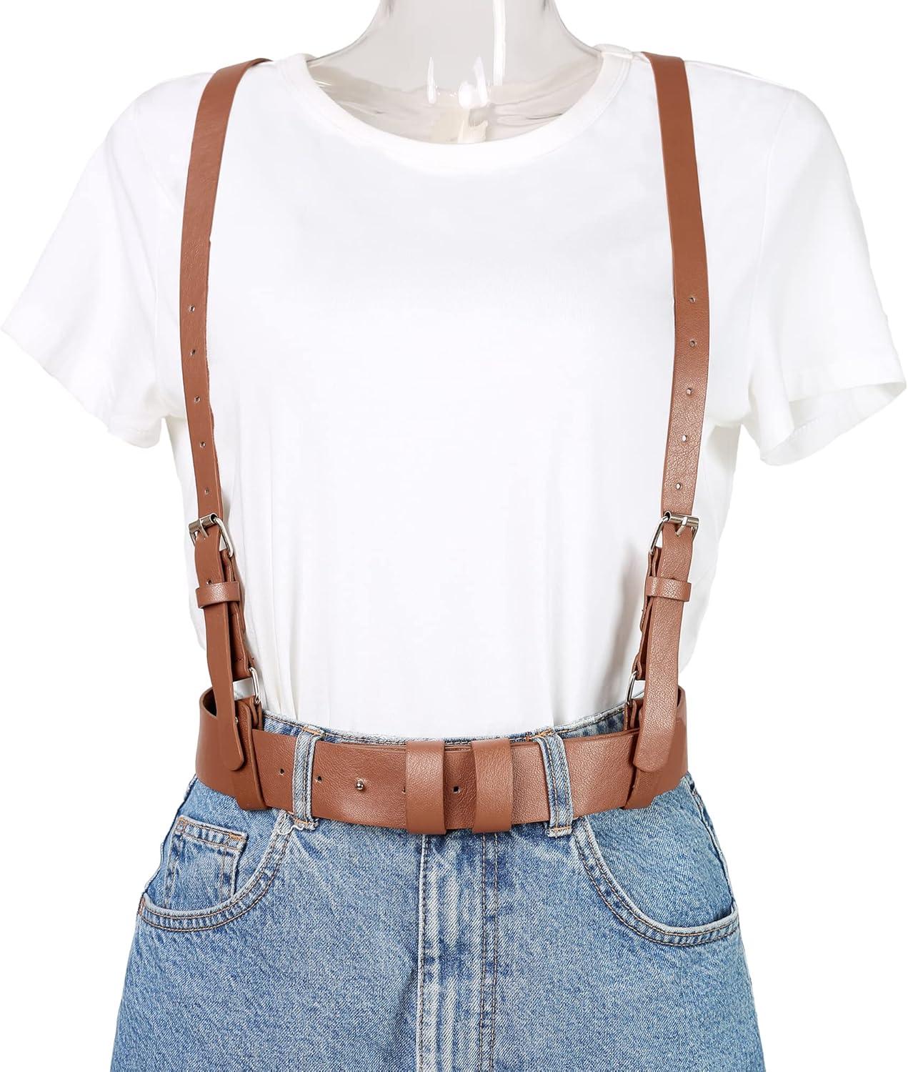 imageAllegra K Unisex Plus Size Vintage PU Leather Y Back Suspenders Adjustable Holes Belts for Women MenBrown