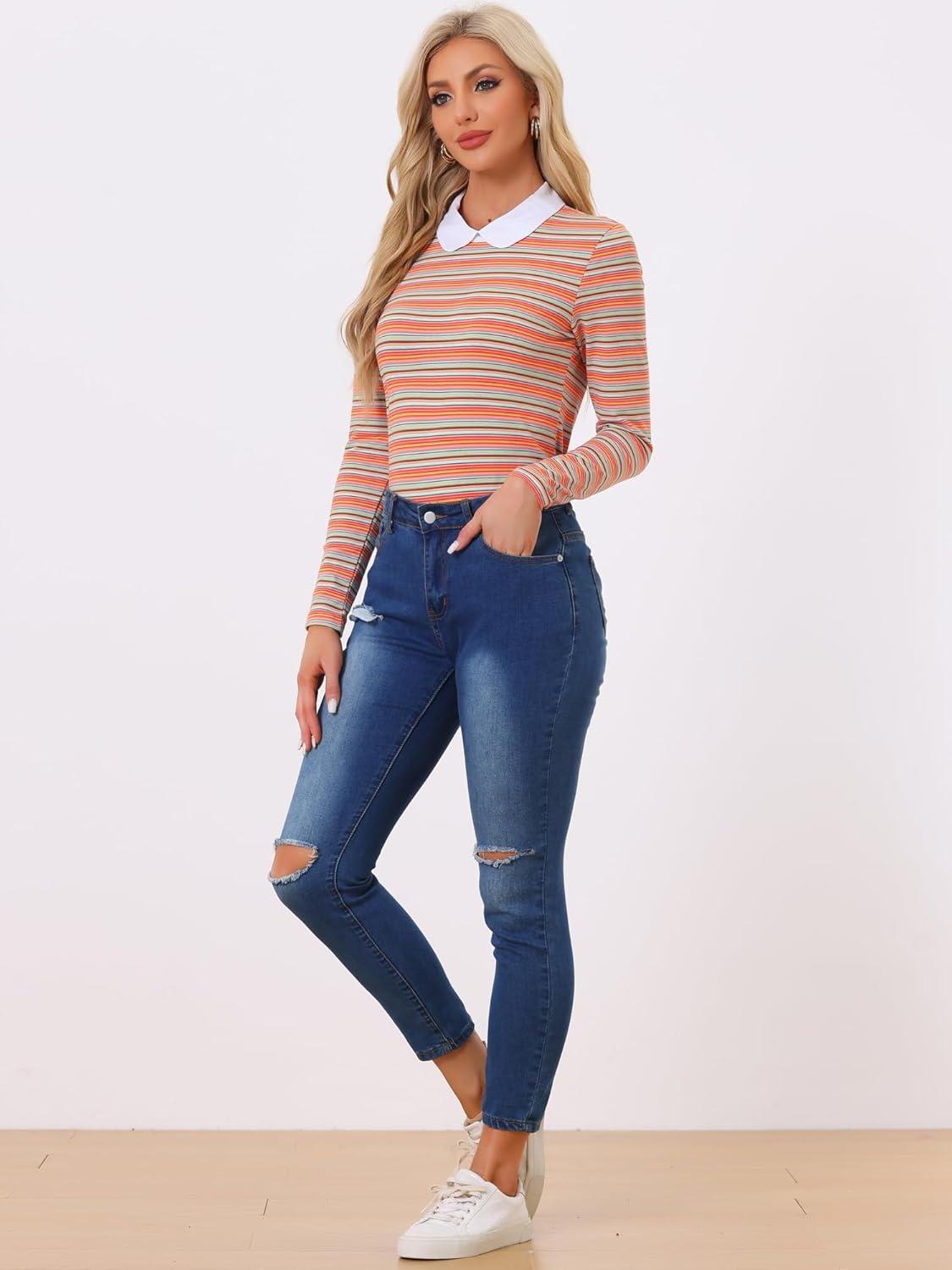 imageAllegra K Womens Contrast Collar Long Sleeves Peter Pan Collar Halloween Striped Blouse TopMulticolor