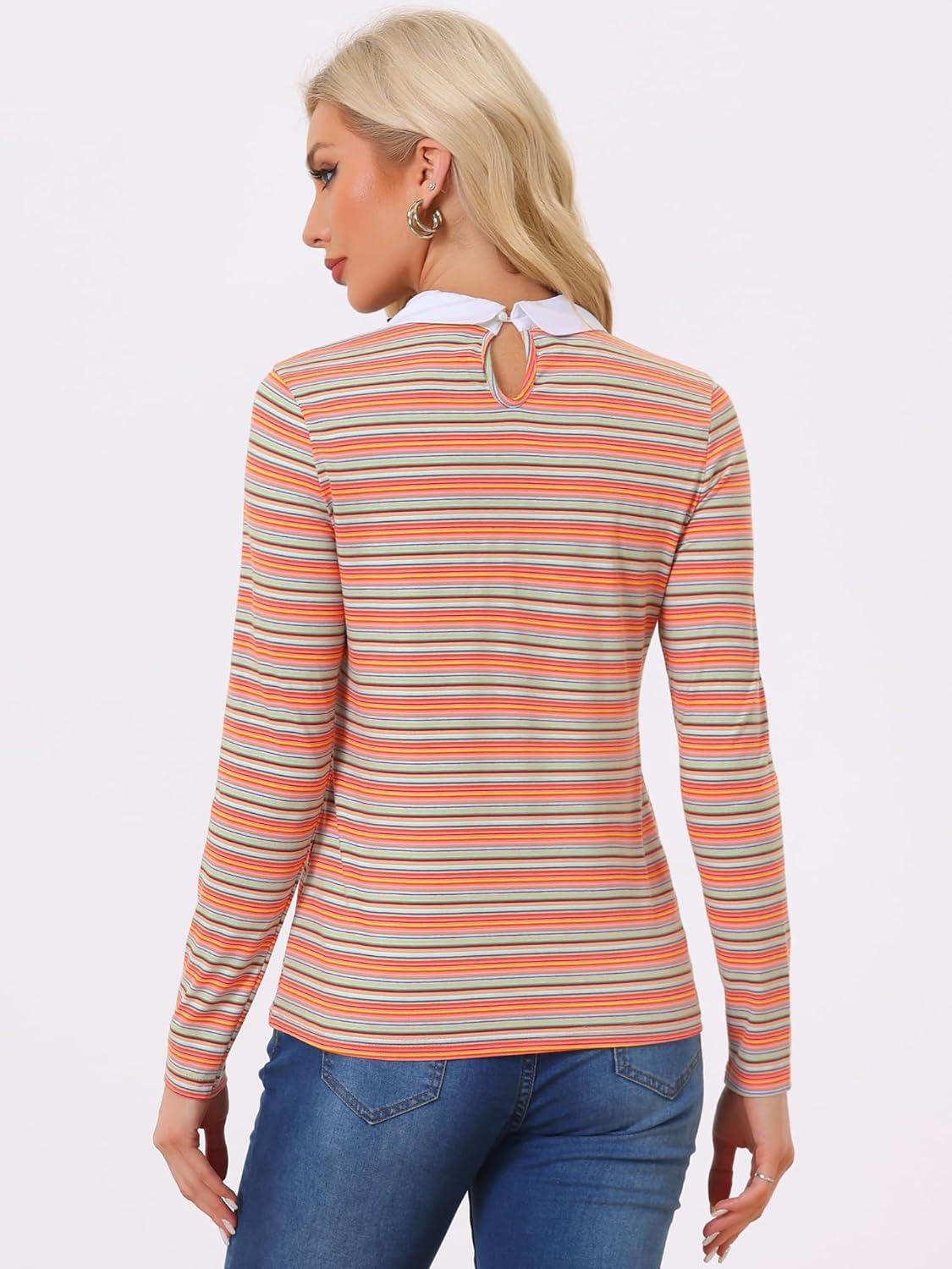 imageAllegra K Womens Contrast Collar Long Sleeves Peter Pan Collar Halloween Striped Blouse TopMulticolor