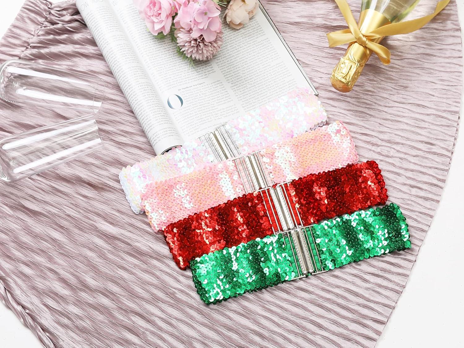 imageAllegra K Womens Glitter Stretchy Waist Belts Interlock Buckles Sequins Decor Wide Elastic Belts 2PCSPink