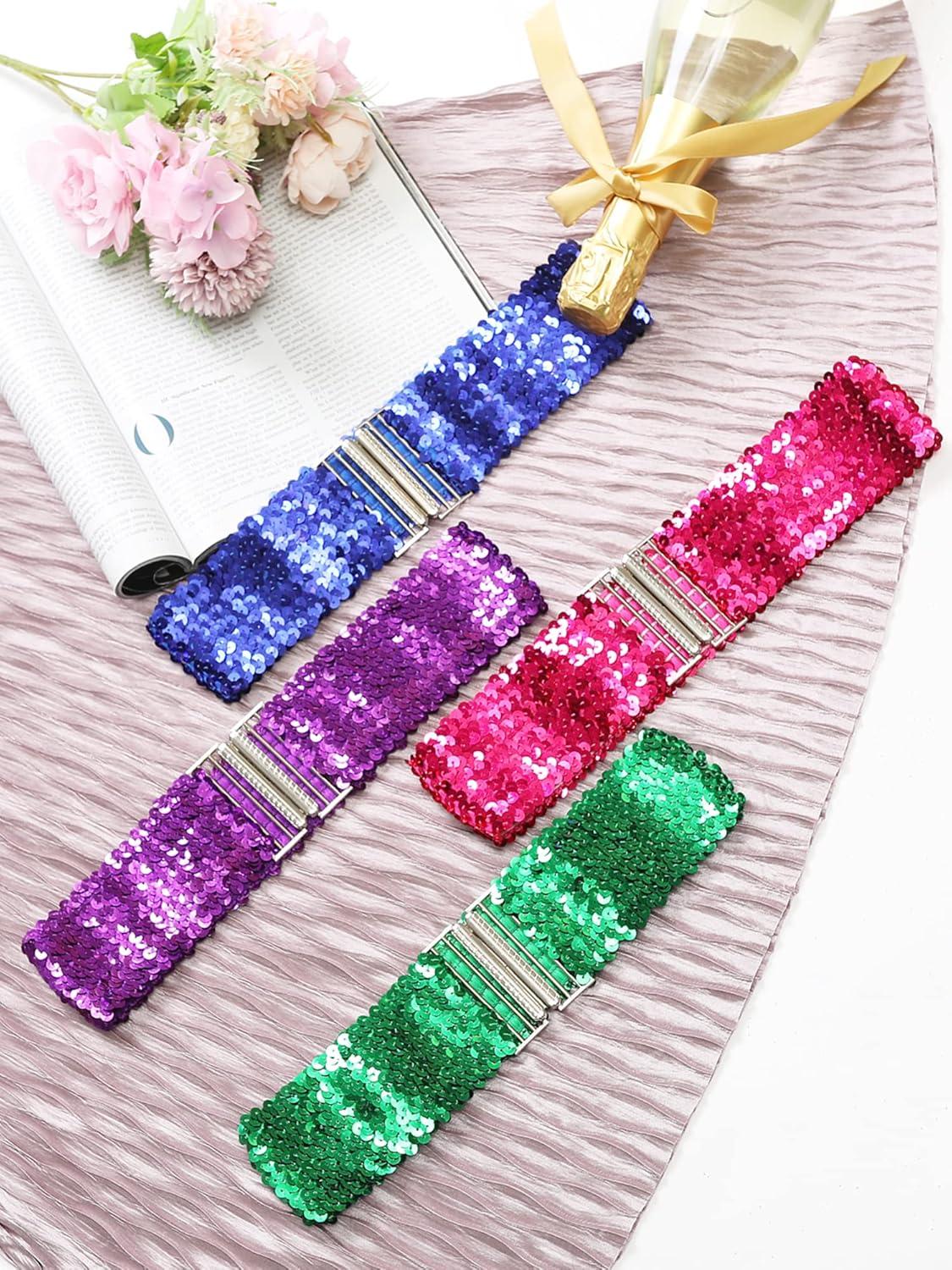 imageAllegra K Womens Glitter Stretchy Waist Belts Interlock Buckles Sequins Decor Wide Elastic Belts 2PCSPink