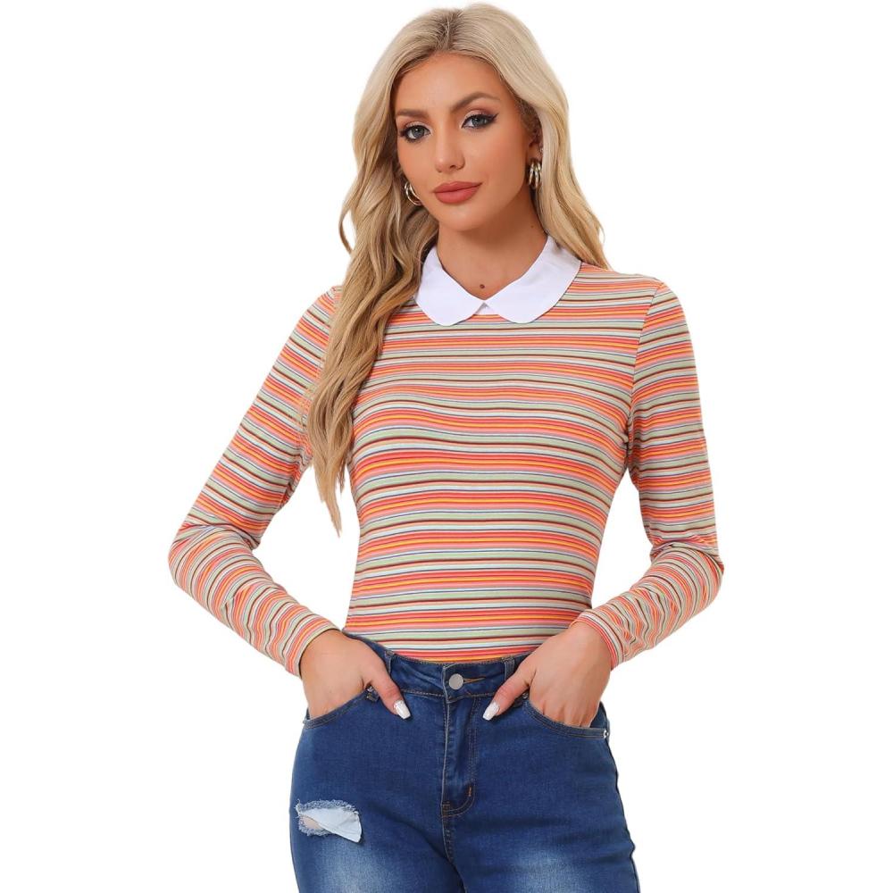 imageAllegra K Womens Contrast Collar Long Sleeves Peter Pan Collar Halloween Striped Blouse TopMulticolor
