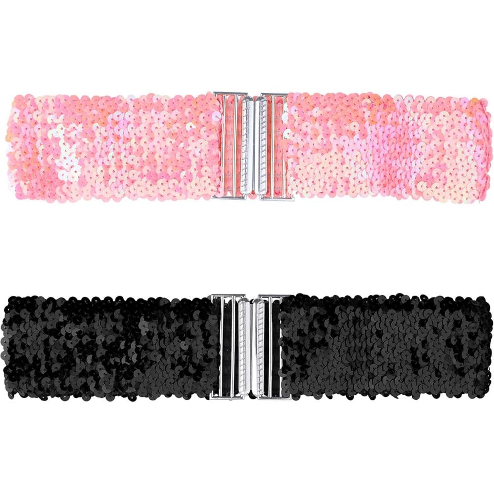 imageAllegra K Womens Glitter Stretchy Waist Belts Interlock Buckles Sequins Decor Wide Elastic Belts 2PCSPink