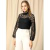 imageAllegra K Womens Floral Lace Top Turtleneck Puff Long Sleeve See Through Sheer BlouseBlack