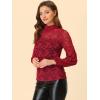 imageAllegra K Womens Floral Lace Top Turtleneck Puff Long Sleeve See Through Sheer BlouseDark Red