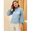 imageAllegra K Womens Floral Lace Top Turtleneck Puff Long Sleeve See Through Sheer BlouseGrey Blue
